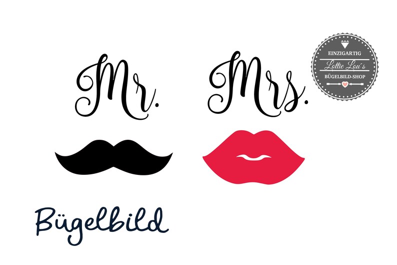 Iron On Ironing Picture Set Mrs & Mr. with kiss mouth and beard in desired font also for mask image 2