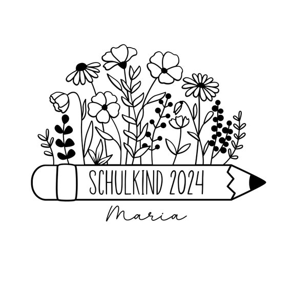 Iron-on image school child flowers with desired name and date to iron on also for school cone