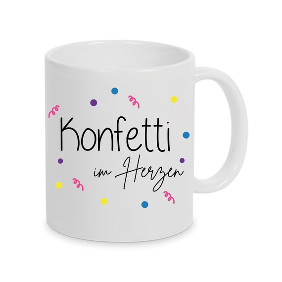 Personalized cup with carnival confetti in the heart can also be individually designed with a name or desired text