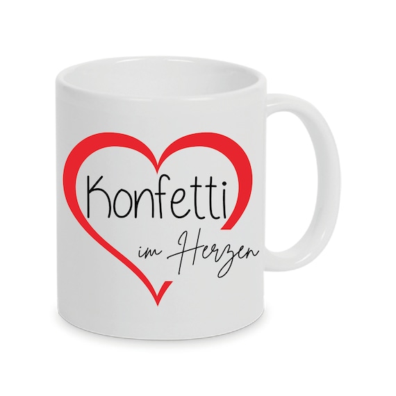 Personalized cup with carnival confetti in the heart can also be individually designed with a name or desired text