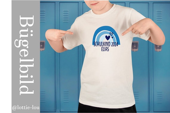 Iron-on image schoolchild 2024 with name and rainbow for shirts and school cone in desired colors