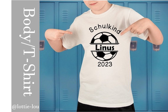 T-shirt football schoolchild with desired name for school enrollment