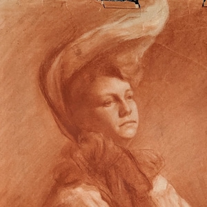 Original Antique Vintage Art by William Joseph Claus 1890 - 1900 Orange Pencil Life Drawing Woman in Hat