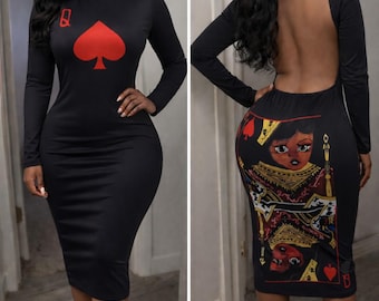 Black Queen Poker Dress for Women Long Sleeve Sexy Party Special Occasion Dress for Ladies Casual Elegant Pencil Dress