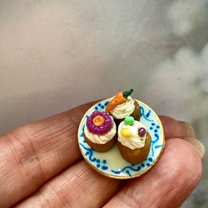 Three Different Delicious Cupcakes 12th Scale and Hand Painted China Plate Set, Gift for Easter Dolls House or any Miniature Scene
