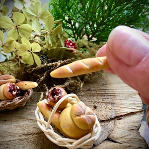 12th scale real wicker Bread basket filled with yummy clay loaves, rolls and bagels perfect present for dolls house or any miniature scene
