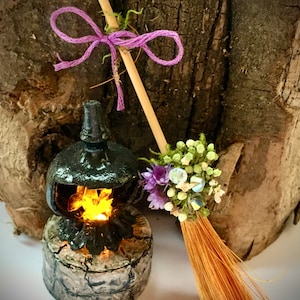 12th scale Miniature Broomstick/Besom with real quartz Crystals moss flowers  gift for witches altar fairy dolls house