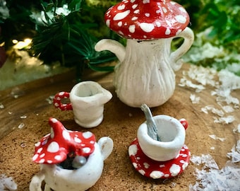 Ooak 12th scale Miniature clay Mushroom Tea set, gift Witch/altar/Fairy pixie garden/dolls house accessories/fae/Diorama scene/collector