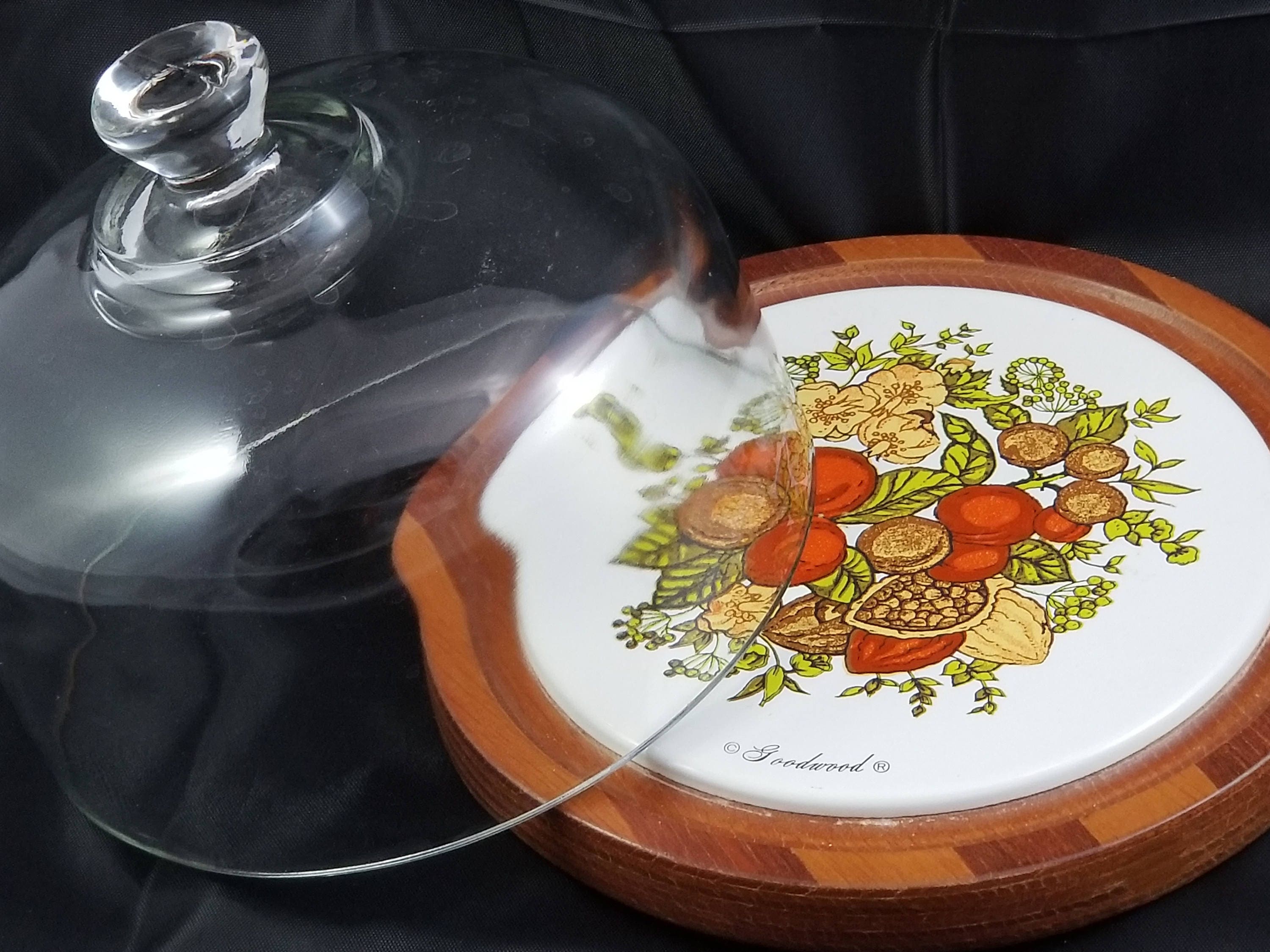 Cheese Plate with Glass Dome Wood Base with Ceramic Plate Etsy