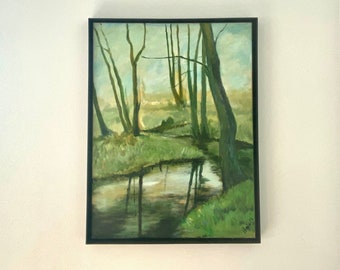 The green river. Acrylic painting with frame 83 x 63 cm wall art landscape for the wall