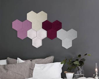 Cork and velvet wall tiles - Hexagon wall decor set of 3 panels- mosaic - Choose your colors - bedroom wall decor - office wall installation