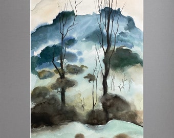 Watercolor landscape tree - hand painted 38x56 cm