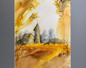 Watercolor landscape Holy place- hand painted 38x56 cm