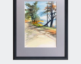 Watercolor landscape road - hand painted 38x56 cm