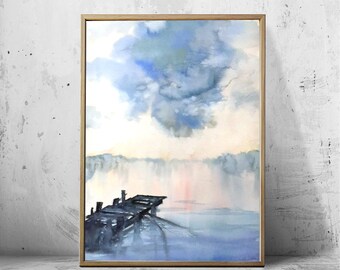 Watercolor landscape lake - hand painted 38x56 cm