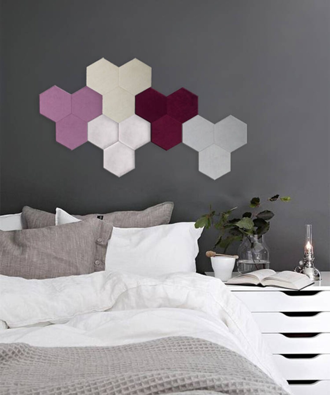 Cork and Velvet Wall Tiles Hexagon Wall Decor Set of 3 Panels Mosaic