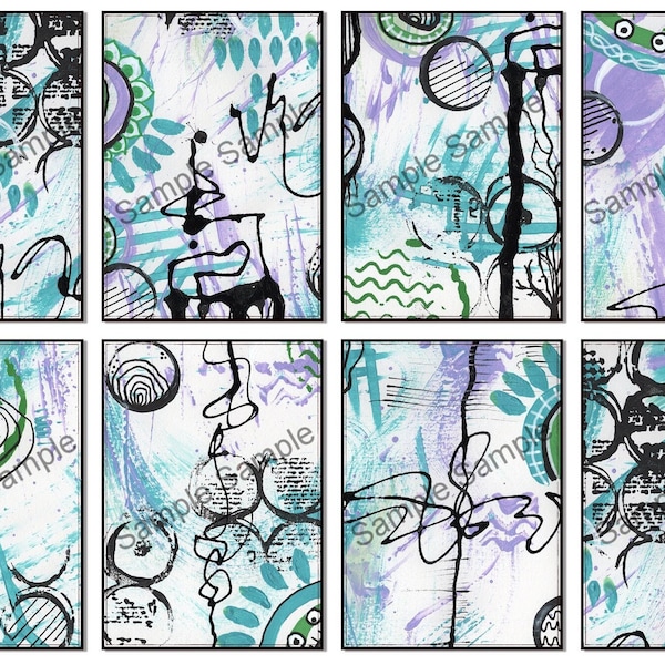 Artist Trading Card Sized Collage Sheet Inky Abstracts, ATC Set Digital Download Printable