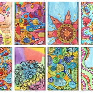 Foglio collage di dimensioni di carte collezionabili dell'artista, scarabocchi ad acquerello, set ATC, download digitale stampabile