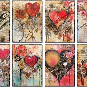 Romantici ATC-formaat collageblad, harten, digitale download afdrukbaar, junk Journal Ephemera, Art Journaling Cards