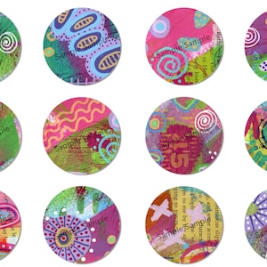 May include: Twelve colorful round abstract art pieces with a variety of textures and patterns. Each piece features a mix of bright colors, including pink, green, blue, yellow, and orange. Some pieces include text from old books and magazines.