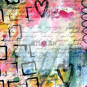 May include: Abstract mixed media artwork with a textured background in shades of pink, yellow, blue, and green. The design includes black outlined hearts, squares, and scribbled lines. The text "Jocy's Art Stuff" is visible.