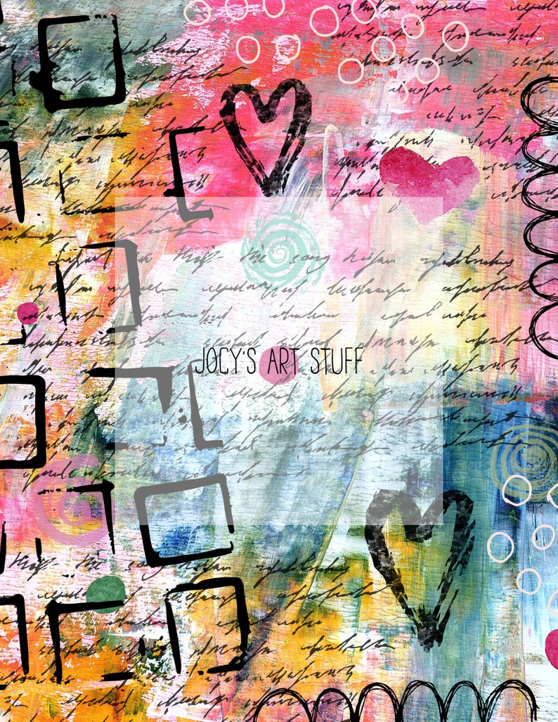 May include: Abstract mixed media artwork with a textured background in shades of pink, yellow, blue, and green. The design includes black outlined hearts, squares, and scribbled lines. The text "Jocy's Art Stuff" is visible.