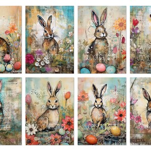 Feuille de collage de taille ATC Lapins de Pâques, lapins mignons, impression numérique en téléchargement, éphémères pour le journal indésirable, cartes de journalisation artistique