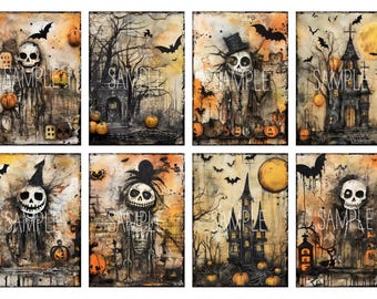 Halloween Scenes ATC Sized Collage Sheet, Digital Download, Junk Journal Ephemera, Art Journaling Cards