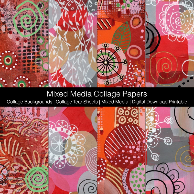 May include: A set of six digital collage papers featuring abstract patterns in shades of red, pink, and white. The papers are perfect for scrapbooking, card making, and other creative projects. "Mixed Media Collage Papers" and "Collage Backgrounds | Collage Tear Sheets | Mixed Media | Digital Download Printable" are written in black text at the top of the image.