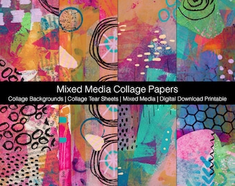 May include: Four digital collage papers with abstract designs in pink, orange, green, and blue. The papers feature circles, dots, lines, and geometric shapes. The text "Mixed Media Collage Papers" is at the top of the image. The text "Collage Backgrounds | Collage Tear Sheets | Mixed Media | Digital Download Printable" is below the title.