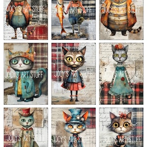 May include: Nine digital collage illustrations of cats in various outfits and poses. Each image features a cat with a unique personality and style, including a cat wearing a top hat and a cat holding a fish. The images are set against a background of vintage-inspired patterns and textures. The text "JOCY'S ART STUFF" appears in the bottom corner of each image.