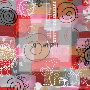 May include: Abstract painting with a colorful patchwork of pink, red, brown, and gray squares and circles. The painting features white swirls and dots, and the text "Jocy's Art Stuff" is written in black.
