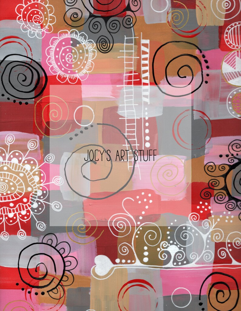 May include: Abstract painting with a colorful patchwork of pink, red, brown, and gray squares and circles. The painting features white swirls and dots, and the text "Jocy's Art Stuff" is written in black.
