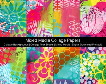 Mixed Media Collage Backgrounds | Hand Made Backgrounds | Collage Tear Sheets | Digital Download Printable | Journaling Papers Set R