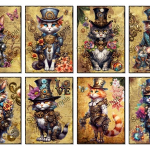 Steampunk Kitties ATC Sized Collage Sheet, Steampunk Cats, Digital Download Printable, Junk Journal Ephemera, Art Journaling Cards