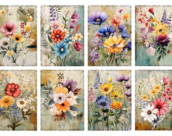 Sommerblumen ATC Größe Collage Sheet, Wildblumen, digitaler Download druckbar, Junk Journal Ephemera, Art Journaling Karten