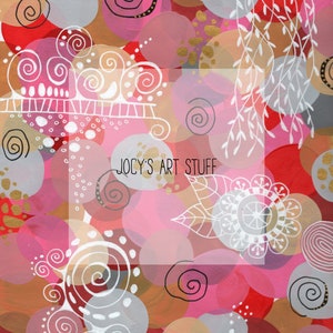 May include: Abstract painting with pink, red, gold, and gray circles and swirls. The text "JOCY'S ART STUFF" is written in white on a white background.