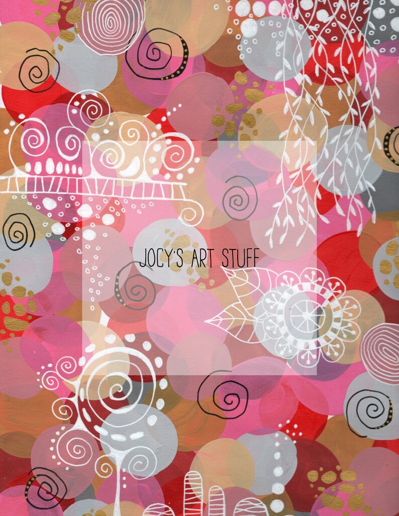 May include: Abstract painting with pink, red, gold, and gray circles and swirls. The text "JOCY'S ART STUFF" is written in white on a white background.