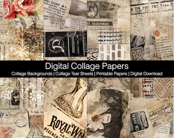 Digital Collage Backgrounds, Collage Tear Sheets, Digital Download Printable, Junk Journaling Papers, Vintage Collage Papers Set E