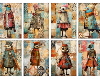 Fashionable Birds ATC Sized Collage Sheet, Digital Download, Junk Journal Ephemera, Art Journaling Cards