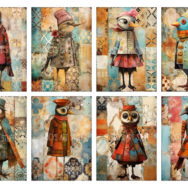 Fashionable Birds ATC Sized Collage Sheet, Digital Download, Junk Journal Ephemera, Art Journaling Cards