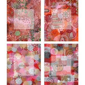 May include: Four digital art prints with a red, pink, and white color scheme. Each print features a different abstract design with circles, swirls, and floral elements. The text "JOCY'S ART STUFF" appears on each print.