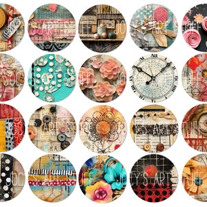 May include: A set of 20 round, colorful, mixed media art pieces. Each piece features a unique collage of paper, fabric, buttons, and other embellishments. The pieces are perfect for adding a touch of whimsy and texture to any space.