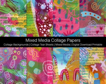 Mixed Media Collage Backgrounds | Hand Made Backgrounds | Collage Tear Sheets | Digital Download Printable | Journaling Papers Set K