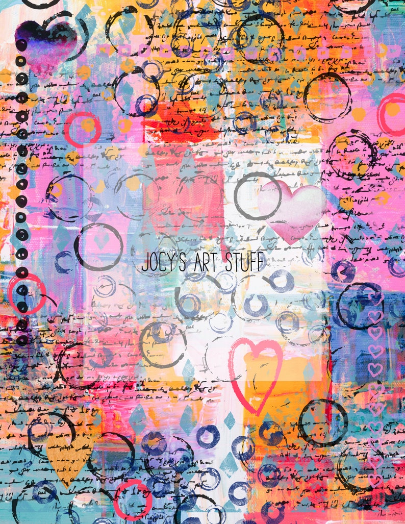 May include: Abstract mixed media artwork with a vibrant color palette of pink, blue, orange, and yellow. The design features hearts, circles, and handwritten script. The text "JOEY'S ART STUFF" is visible.