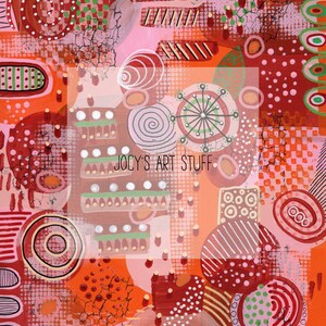 May include: Abstract art painting with a red, orange, pink, and green color scheme. The painting features circles, swirls, and dots. The text "Jocy's Art Stuff" is written in the center of the painting.