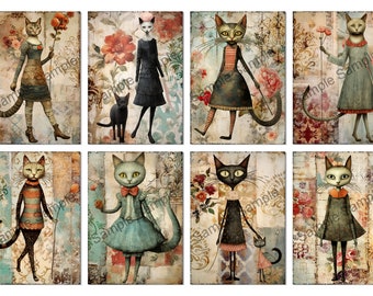 Foglio di collage di dimensioni ATC di gatti alla moda, download digitale, effimeri di diario spazzatura, carte di journaling artistico