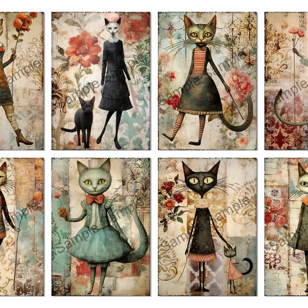 Fashionable Cats ATC Sized Collage Sheet, Digital Download, Junk Journal Ephemera, Art Journaling Cards