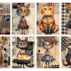 Crazy Cats ATC-formaat collageblad, digitale download, junk Journal Ephemera, Art Journaling Cards