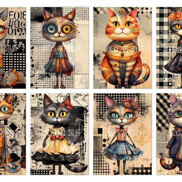 Crazy Cats ATC Sized Collage Sheet, Digital Download, Junk Journal Ephemera, Art Journaling Cards